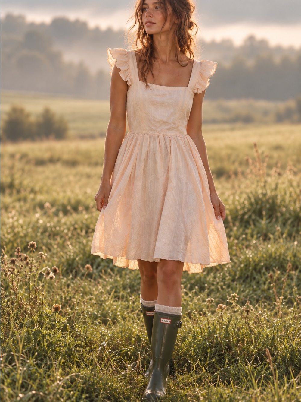 &Merci - Mustard Yellow Ruffle Strap Fit & Flare Dress Cottage Prairie Romantic